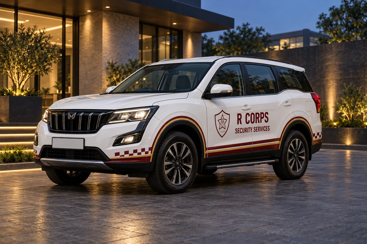 Illustrative R CORPS branded escort vehicle concept with a clean roof and no emergency beacon